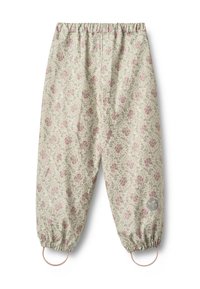 Ľahké nohavice s kvetinovým vzorom v jemnej béžovej farbe s ružovými ružami. Majú elastický pás a stiahnuté lemy s pútkami.