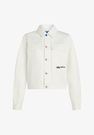 Witte jas met knopen, twee borstzakken, een puntige kraag en het logo "Karl Lagerfeld Jeans" op de linker zak.