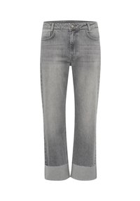 Jeans de mezclilla gris con un diseño de pierna recta, que cuenta con un dobladillo plegado. Estilo clásico de cinco bolsillos y cierre frontal con botón.