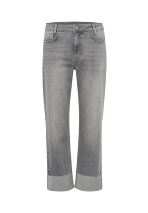Grey denim jeans with a straight-leg design, featuring a folded hem. Classic five-pocket styling and a front button closure.