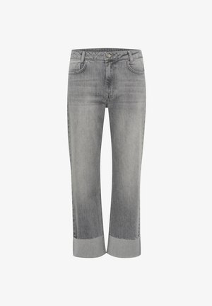 Jean en denim gris au design droit, avec un ourlet replié. Style classique à cinq poches et fermeture avant à bouton.