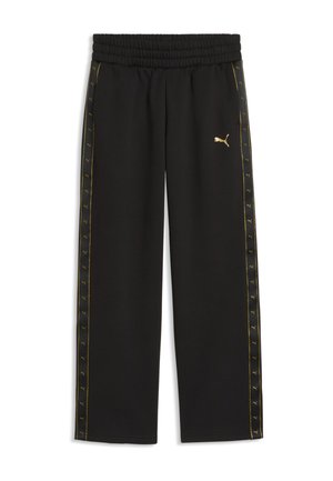 Schwarze Puma Trainingshose mit elastischem Bund, goldenen Puma-Logos an den Seitenstreifen und einem goldenen Puma-Logo am oberen linken Bein.