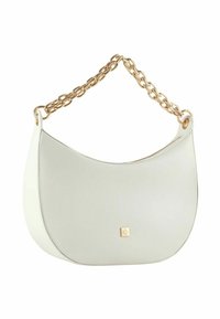 Borsa a mano in pelle color crema con una forma arrotondata, dotata di una tracolla in catena dorata e di un piccolo logo dorato sul davanti.