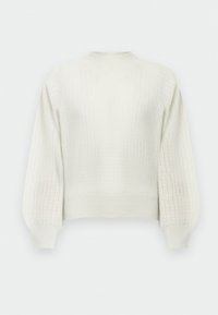 Kremfarvet strikket sweater med et struktureret mønster, rund halsudskæring og ballonærmer. Ribstrikkede manchetter og kant afslutter designet.