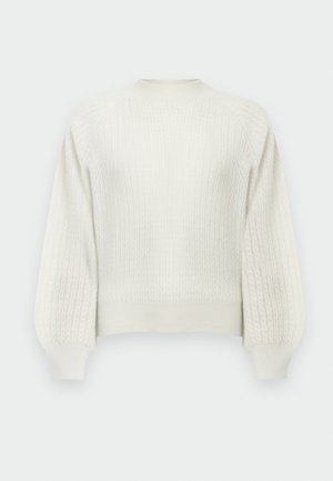 Roomkleurige gebreide trui met een gestructureerd patroon, een ronde halslijn en ballonmouwen. Geribbelde manchetten en zoom voltooien het ontwerp.