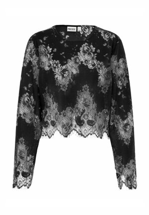 Melnas mežģīņu īss tops ar garām piedurknēm, ziedu rakstiem un vilnainām malām, ar apaļu kakla izgriezumu un caurspīdīgu audumu visā virsmā.