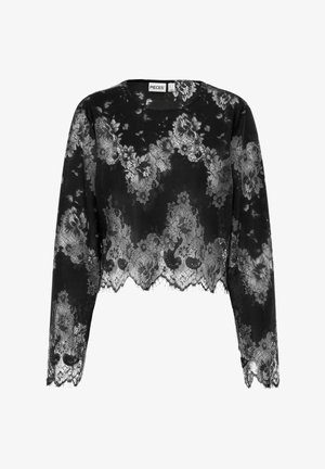 Zwart crop top met lange mouwen van kant, met bloemenpatronen en gegolfde randen, voorzien van een ronde halslijn en transparante stof over het geheel.