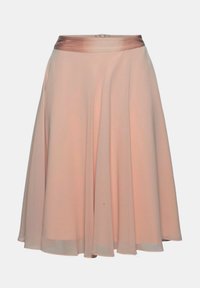 Midikjol i ljus persika, tillverkad av genomskinligt tyg med ett ogenomskinligt foder. Har ett satinmidjeband och en luftig, A-linjeformad design.