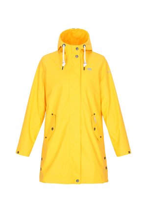 Žlutý voděodolný plášť do deště s kapucí, který má patentky, stahovací šňůrky a dvě přední kapsy. Hladký materiál a uvolněný střih.