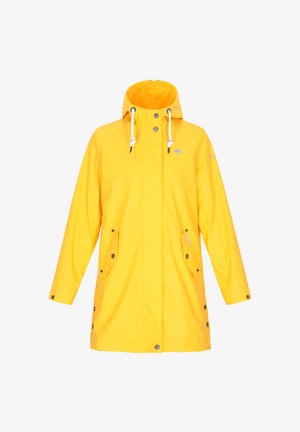 Žlutý voděodolný plášť do deště s kapucí, který má patentky, stahovací šňůrky a dvě přední kapsy. Hladký materiál a uvolněný střih.