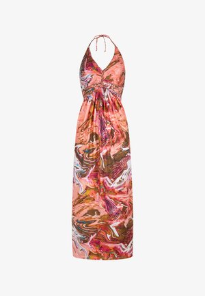 Maxi dress in a swirling pink, orange, and brown abstract pattern. Halter neck design with gathered bodice and flowing fabric texture.