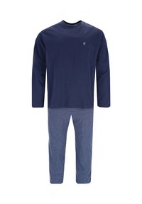 Marineblaue Langarmbluse mit einer Brusttasche, kombiniert mit gestreiften Schlafanzughosen in Marineblau und Weiß. Aus weichem Baumwollmaterial, lässige Passform.