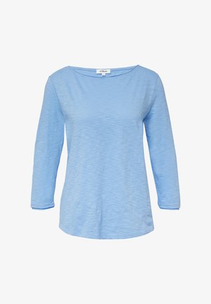 Svetlomodrý, dlhý rukáv top vyrobený z textúrovanej látky. Má široký výstrih a voľný strih. Jednoduchý, nezdobený dizajn.