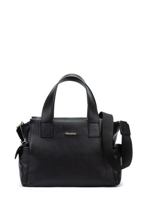 Sac à main en cuir noir avec double poignées, bandoulière détachable et logo doré "Pikolinos" centré à l'avant.