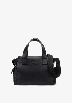 Sac à main en cuir noir avec double poignées, bandoulière détachable et logo doré "Pikolinos" centré à l'avant.