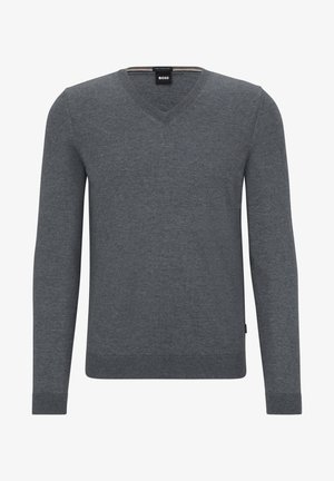 Gray V-neck sweater made of soft fabric, featuring long sleeves and a ribbed hem and cuffs. The label displays "BOSS" at the neckline.