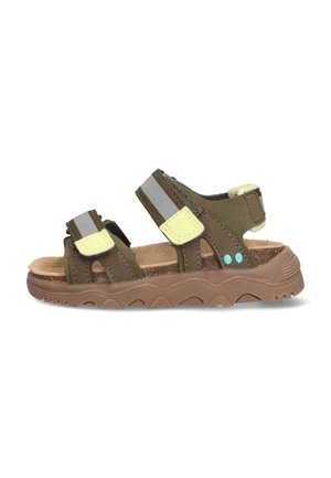 Bruine sandalen met gele accenten, verstelbare bandjes, een textuurlaag voor de voet en een rubberen buitenzool met een zigzagpatroon.