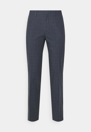 Pantalones formales gris oscuro con un discreto estampado a cuadros, corte recto, cinturilla con trabillas para cinturón y pliegues frontales planchados.