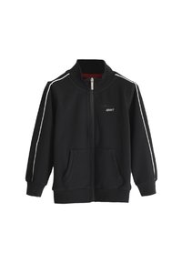 Schwarze, aufknöpfbare Sportjacke aus weichem Material, mit weißen Seitestreifen, zwei Fronttaschen und hohem Kragen. "SUPERGA sport"-Logo auf der Vorderseite.