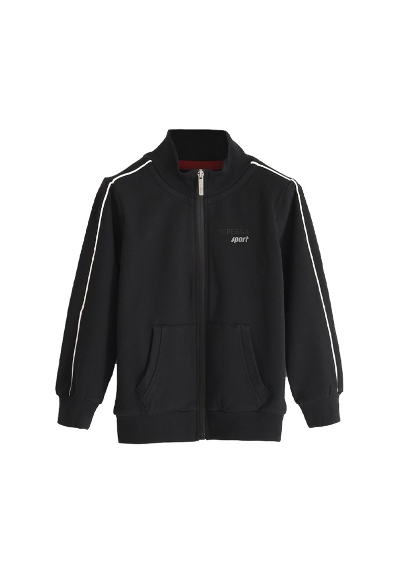 Schwarze, aufknöpfbare Sportjacke aus weichem Material, mit weißen Seitestreifen, zwei Fronttaschen und hohem Kragen. "SUPERGA sport"-Logo auf der Vorderseite.