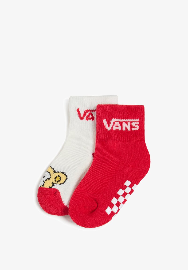 Bomuldscrew-sokker i hvid og rød. Den hvide sok har et bjørnegraphic; den røde sok har "VANS" logo og ternet mønster ved kanten.