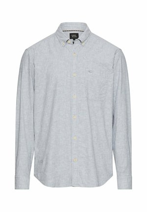 Long-sleeve, light gray button-up shirt with fine white vertical stripes, buttoned collar, and chest pocket on the left side.