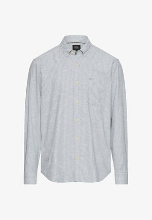 Long-sleeve, light gray button-up shirt with fine white vertical stripes, buttoned collar, and chest pocket on the left side.