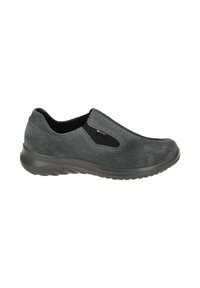 Grau Wildlederschlupfschuh mit schwarzer elastischer Seitenpartie, Gore-Tex-Tag und schwarzer Gummisohle, im linken Seitenprofil gezeigt.