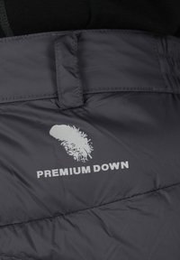 Sort dunjakke med en blød quiltet tekstur, med et sølvfarvet "Premium Down" logo og en fjer grafik på ryggen.