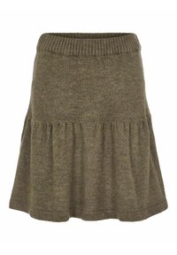 Gehaakte olijfgroene rok met geribbelde elastische tailleband en geplooide uitlopende zoom, middellange lengte, zachte textuurstof.