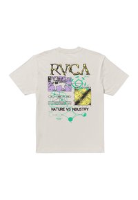 Crème kleur t-shirt met een grafische print met "RVCA" en "NATURE VS INDUSTRY", abstracte vormen en contrasterende kleuren in een relaxed fit.