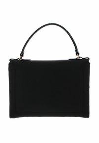 Schwarze Lederhandtasche mit strukturiertem Oberflächen, rechteckiger Form und einem einzelnen gebogenen Griff; verfügt über goldfarbene Beschläge an den Befestigungspunkten.