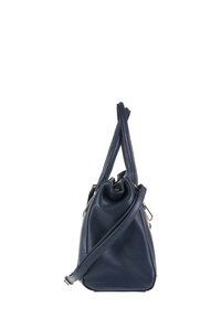 Borsa a spalla in pelle blu navy con finitura testurizzata, dotata di apertura a coulisse, due manici e una tracolla.