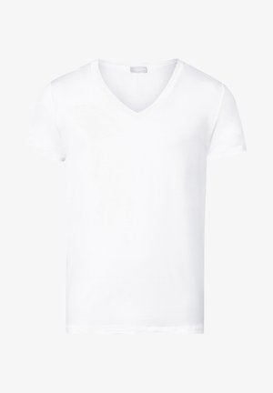 T-shirt bianca a maniche corte realizzata in cotone con scollatura a V. Texture liscia e stile minimalista, priva di grafiche o fantasie.