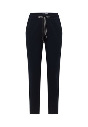 Pantalon noir ajusté avec une ceinture élastique et un cordon blanc, présentant un design décontracté et des poches avant.