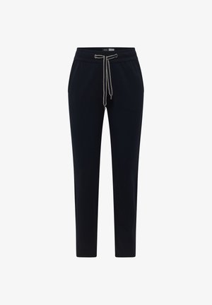 Zwarte slim-fit broek met elastische tailleband en witte trekkoorden, met een casual ontwerp en voorzakken.