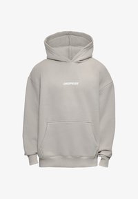 Sudadera con capucha de color gris claro, de gran tamaño, con bolsillo en el frente y la palabra "DROPSIZE" impresa en blanco en el pecho.