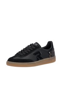 Sneaker neri in materiali pelle e suede, presentano un design testurizzato, punta rotonda, suola in gomma e logo accentuato di lato.
