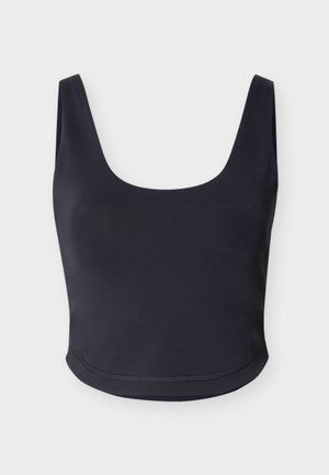 Μαύρο αμάνικο crop top με φαρδιές τιράντες ώμων και στρογγυλή λαιμόκοψη, σε λευκό φόντο.