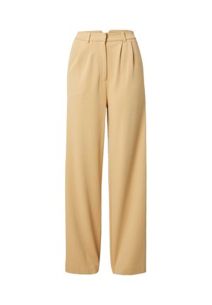 Beige wijde broek met geplooide voorkant, gemaakt van een zachte stof, met riemlussen en een minimalistisch ontwerp.