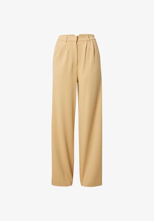 Beige wijde broek met geplooide voorkant, gemaakt van een zachte stof, met riemlussen en een minimalistisch ontwerp.