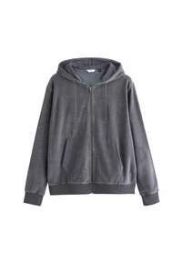 Siva zip-up dukserica napravljena od mekog materijala, s kapuljačom, prednjim džepovima i rebrastim manžetama i donjim rubom. Jednostavan dizajn i opušteni kroj.