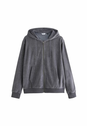 Gray zip-up hoodie made of soft fabric, featuring a hood, front pockets, and ribbed cuffs and hem. Simple design and relaxed fit.