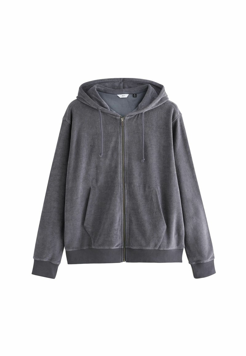 Siva zip-up dukserica napravljena od mekog materijala, s kapuljačom, prednjim džepovima i rebrastim manžetama i donjim rubom. Jednostavan dizajn i opušteni kroj.