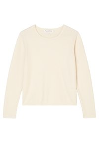 Haut à manches longues côtelé de couleur crème, fabriqué dans un matériau doux, avec un col rond et des manches ajustées, présentant une texture subtile sans autres détails.