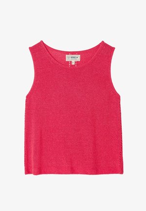 Varrukateta roosa ümarakaelusega silmkoeline topp, mille kaeluses on väike brändisilt, millel on kirjas "FatFace, Valmistatud Kambodžas".