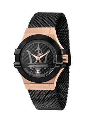 Maserati-Uhr mit schwarzem Netzarmband, roségoldenen Akzenten, einem strukturierten schwarzen Zifferblatt mit Logo und einer Datumsanzeige. Runde Form.