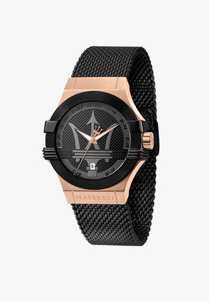 Maserati-Uhr mit schwarzem Netzarmband, roségoldenen Akzenten, einem strukturierten schwarzen Zifferblatt mit Logo und einer Datumsanzeige. Runde Form.