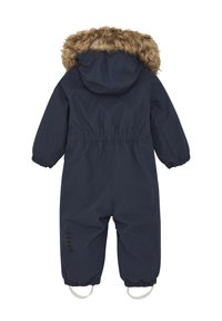 Navyblauw geïsoleerd sneeuwpak met een met bont gevoerde capuchon, elastische manchetten en verstelbare banden aan de voeten. Gladde textuur met een matte afwerking.