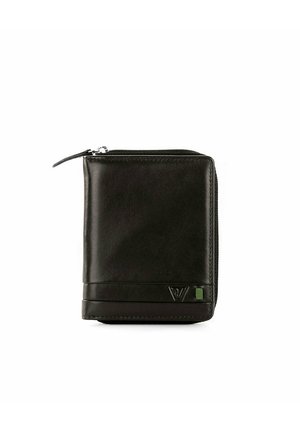 Portefeuille compact en cuir noir avec fermeture éclair et petit logo embossé dans le coin inférieur droit.
